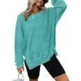thumbnail image 1 of TEMOFON Womens Sweatshirts Long Sleeve Tops Oversized Blouse Waffle Knit Crew Neck Fashion Side Slits Casual Pullover Lightblue, 1 of 10