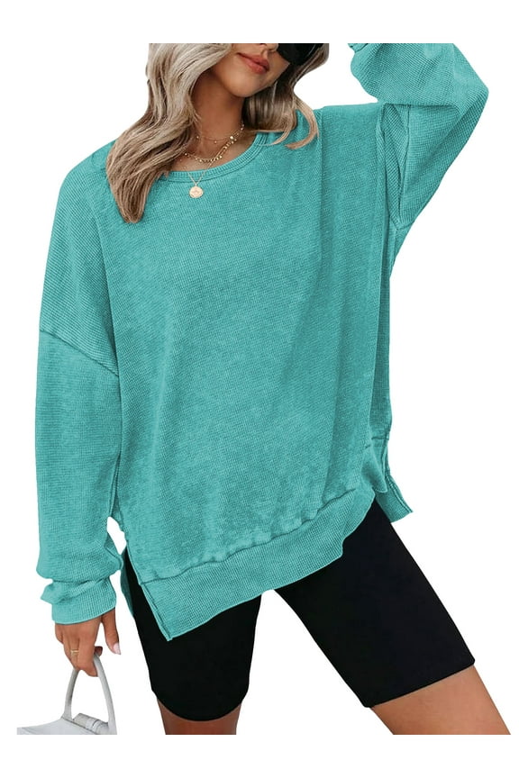 Womens Sweatshirts Long Sleeve Tops Oversized Blouse Waffle Knit Crew Neck Fashion Side Slits Casual Pullover Lightblue