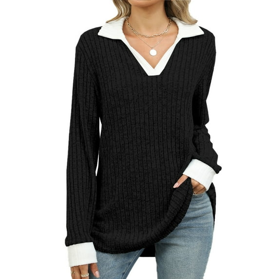 TEMOFON womens long sleeve Tops V-Neck Pullover Ribbed Knitted Lightweight Sweaters Fall Casual Lapel Collar Jumpe Blouse BLACK