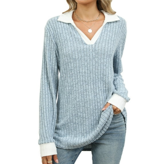 TEMOFON womens long sleeve Tops V-Neck Pullover Ribbed Knitted Lightweight Sweaters Fall Casual Lapel Collar Jumpe Blouse BLUE