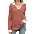 thumbnail image 1 of TEMOFON womens long sleeve Tops V-Neck Pullover Ribbed Knitted Lightweight Sweaters Fall Casual Lapel Collar Jumpe Blouse RED, 1 of 4