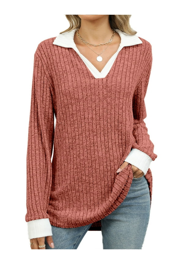 womens long sleeve Tops V-Neck Pullover Ribbed Knitted Lightweight Sweaters Fall Casual Lapel Collar Jumpe Blouse RED