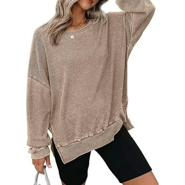 TEMOFON Womens Long Sleeve Shirts Blouse Oversized Tops Waffle Knit Crew Neck Sweatshirts Fashion Side Slits Casual Pullover Khaki