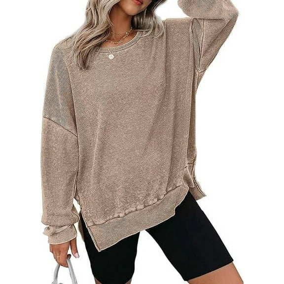 TEMOFON Womens Long Sleeve Shirts Blouse Oversized Tops Waffle Knit Crew Neck Sweatshirts Fashion Side Slits Casual Pullover Khaki