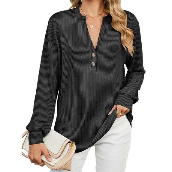 TEMOFON womens long sleeve tops Casual Button Down Fall Blouses 2024 Solid color V neck Business Work Cute Relaxed Fit Shirts black