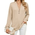 thumbnail image 1 of TEMOFON womens sweater tops long sleeve Casual Button Down Fall Blouses 2024 Solid color V neck Business Work Cute Relaxed Fit Shirts almond, 1 of 4