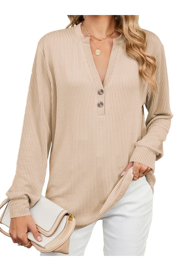 womens sweater tops long sleeve Casual Button Down Fall Blouses 2024 Solid color V neck Business Work Cute Relaxed Fit Shirts almond