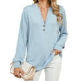 thumbnail image 1 of TEMOFON womens sweatershirts long sleeve fall tops Casual Button Down Fall Blouses 2024 Solid color V neck Business Work Cute Relaxed Fit Shirts Blue, 1 of 4