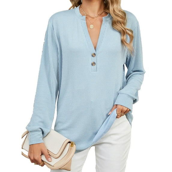 TEMOFON womens sweatershirts long sleeve fall tops Casual Button Down Fall Blouses 2024 Solid color V neck Business Work Cute Relaxed Fit Shirts Blue