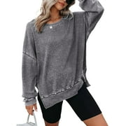 TEMOFON Womens Long Sleeve Tops Oversized Sweatshirts Waffle Knit Crew Neck Fashion Side Slits Casual Pullover Gray