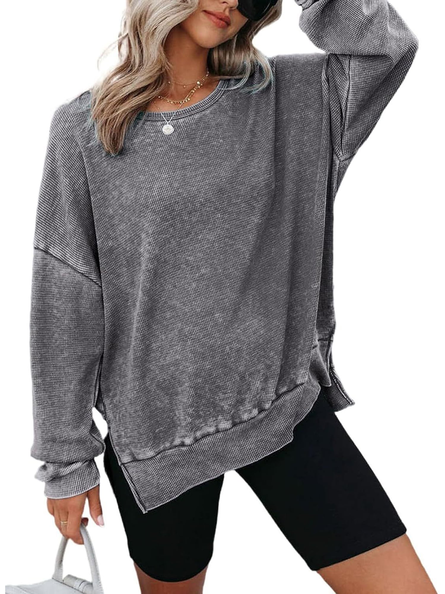 TEMOFON Womens Long Sleeve Tops Oversized Sweatshirts Waffle Knit Crew Neck Fashion Side Slits Casual Pullover Gray