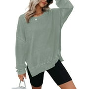 TEMOFON womens shirts long sleeve tops Oversized Waffle Knit Crew neck Sweatshirts fashion Side Slits Casual Pullover green