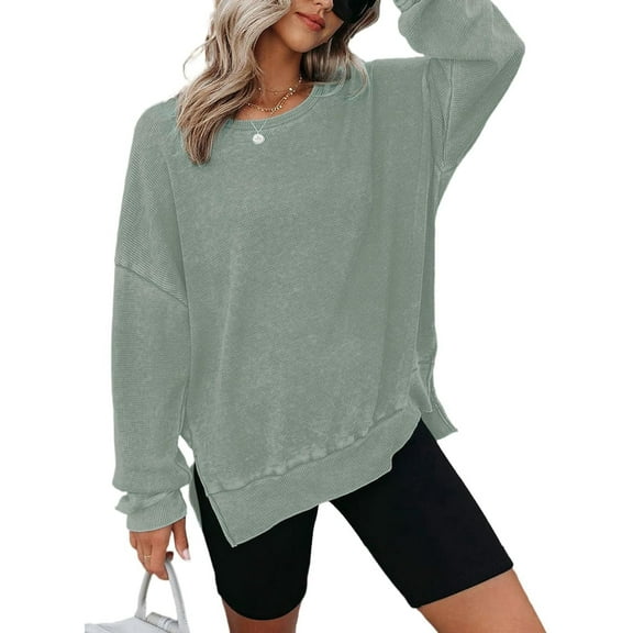 TEMOFON Womens Shirts Long Sleeve Tops Oversized Waffle Knit Crew Neck Sweatshirts Fashion Side Slits Casual Pullover Green
