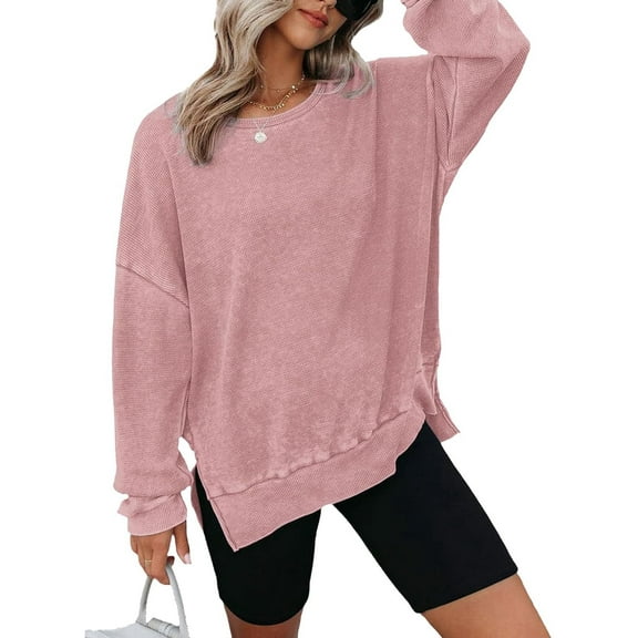 TEMOFON Womens Tops Long Sleeve Blouse Oversized Waffle Knit Crew Neck Sweatshirts Fashion Side Slits Casual Pullover Pink