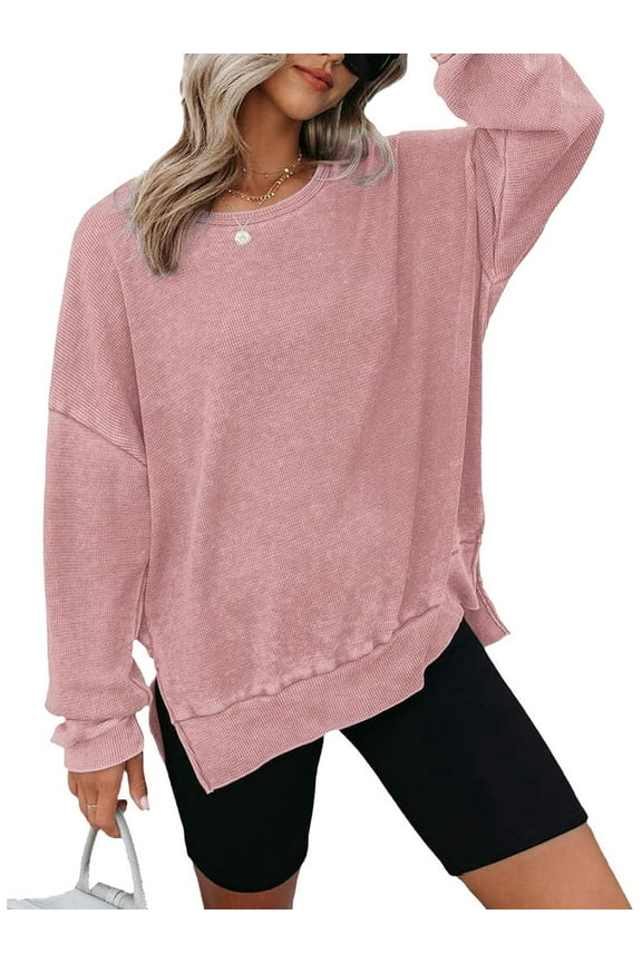 Womens Tops Long Sleeve Blouse Oversized Waffle Knit Crew Neck Sweatshirts Fashion Side Slits Casual Pullover Pink