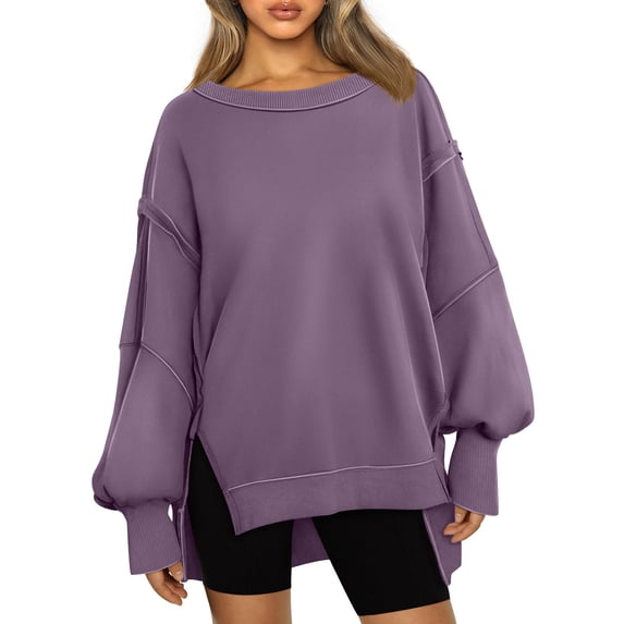 TEMOFON Sweatshirt for Women Crewneck Long Sleeve Hoodies Side Slit Casual Loose Slouchy Pullover Top Purple