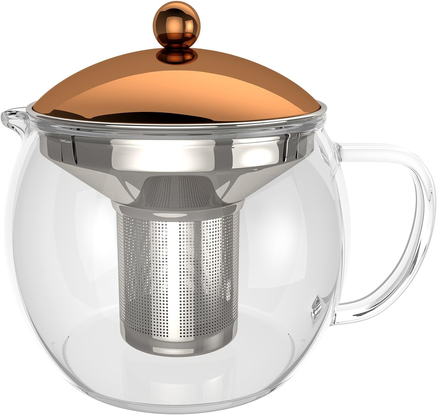 TEMPA Tea Infuser - Removable Stainless Steel Strainer, Teapot with Tea Diffuser for Loose Leaf Tea or Detox Teas, Heat Borosilicate Glass With Lid In Copper Finish, 1.60QT