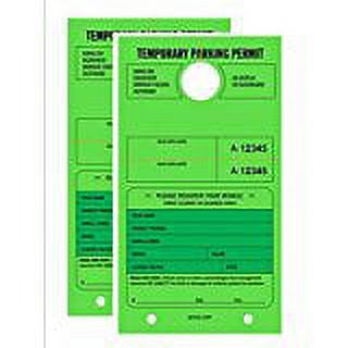 TEMPORARY PARKING PERMIT - Mirror Hang Tags, Numbered with Tear-Off Stub, 7-3/4" x 4-1/4", Bright Fluorescent Green, 50 Per Pack - Double-Pack (100 Tags)