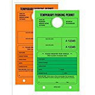 TEMPORARY PARKING PERMIT - Mirror Hang Tags, Numbered with Tear-Off Stub, 7-3/4" x 4-1/4", Bright Fluorescent Green and Orange, 50 Per Pack - Double-Pack (100 Tags)