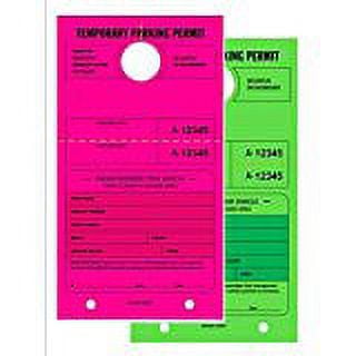 TEMPORARY PARKING PERMIT - Mirror Hang Tags, Numbered with Tear-Off Stub, 7-3/4" x 4-1/4", Bright Fluorescent Green and Pink, 50 Per Pack - Double-Pack (100 Tags)
