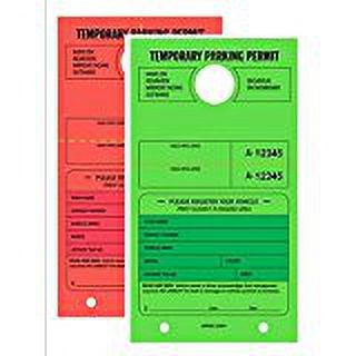 TEMPORARY PARKING PERMIT - Mirror Hang Tags, Numbered with Tear-Off Stub, 7-3/4" x 4-1/4", Bright Fluorescent Green and Red, 50 Per Pack - Double-Pack (100 Tags)