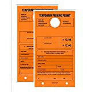 TEMPORARY PARKING PERMIT - Mirror Hang Tags, Numbered with Tear-Off Stub, 7-3/4" x 4-1/4", Bright Fluorescent Orange, 50 Per Pack - Double-Pack (100 Tags)
