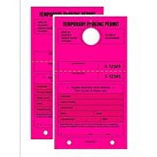 TEMPORARY PARKING PERMIT - Mirror Hang Tags, Numbered with Tear-Off Stub, 7-3/4" x 4-1/4", Bright Fluorescent Pink, 50 Per Pack - Double-Pack (100 Tags)
