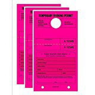TEMPORARY PARKING PERMIT - Mirror Hang Tags, Numbered with Tear-Off Stub, 7-3/4" x 4-1/4", Bright Fluorescent Pink, 50 Per Pack - Triple-Pack (150 Tags)