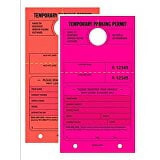 TEMPORARY PARKING PERMIT - Mirror Hang Tags, Numbered with Tear-Off Stub, 7-3/4" x 4-1/4", Bright Fluorescent Pink and Red, 50 Per Pack - Double-Pack (100 Tags)