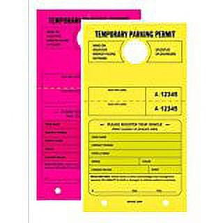 TEMPORARY PARKING PERMIT - Mirror Hang Tags, Numbered with Tear-Off Stub, 7-3/4" x 4-1/4", Bright Fluorescent Pink and Yellow, 50 Per Pack - Double-Pack (100 Tags)