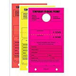 TEMPORARY PARKING PERMIT - Mirror Hang Tags, Numbered with Tear-Off Stub, 7-3/4" x 4-1/4", Bright Fluorescent Pink,Yellow and Red, 50 Per Pack - Triple-Pack (150 Tags)