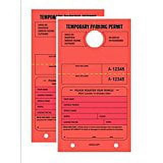 TEMPORARY PARKING PERMIT - Mirror Hang Tags, Numbered with Tear-Off Stub, 7-3/4" x 4-1/4", Bright Fluorescent Red, 50 Per Pack - Double-Pack (100 Tags)