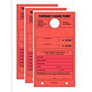 TEMPORARY PARKING PERMIT - Mirror Hang Tags, Numbered with Tear-Off Stub, 7-3/4" x 4-1/4", Bright Fluorescent Red, 50 Per Pack - Triple-Pack (150 Tags)