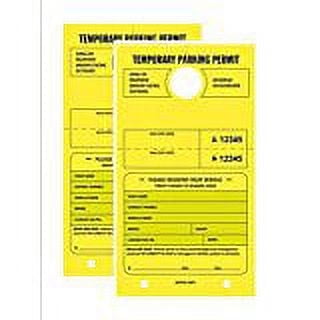 TEMPORARY PARKING PERMIT - Mirror Hang Tags, Numbered with Tear-Off Stub, 7-3/4" x 4-1/4", Bright Fluorescent Yellow, 50 Per Pack - Double-Pack (100 Tags)