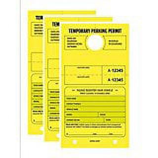 TEMPORARY PARKING PERMIT - Mirror Hang Tags, Numbered with Tear-Off Stub, 7-3/4" x 4-1/4", Bright Fluorescent Yellow, 50 Per Pack - Triple-Pack (150 Tags)