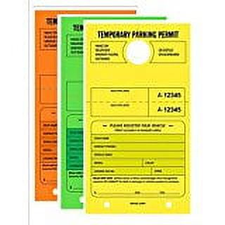 TEMPORARY PARKING PERMIT - Mirror Hang Tags, Numbered with Tear-Off Stub, 7-3/4" x 4-1/4", Bright Fluorescent Yellow, Green and Orange, 50 Per Pack - Triple-Pack (150 Tags)