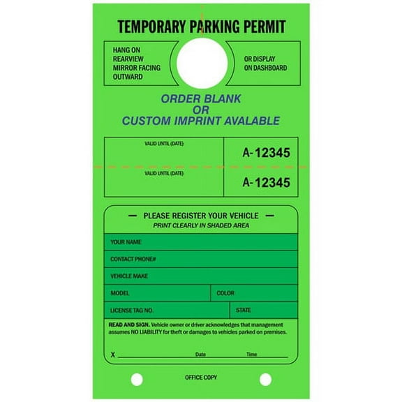 TEMPORARY PARKING PERMIT - Mirror Hang Tags, Numbered with Tear-off Stub, 7.75" X 4.25", Fluorescent Green - PACK OF 50