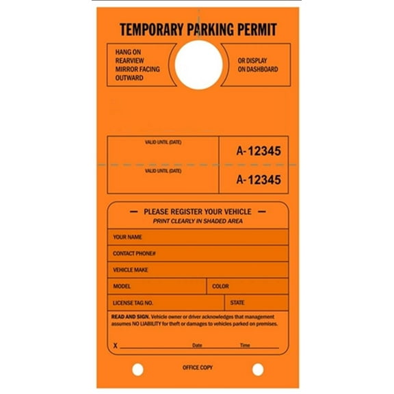 TEMPORARY PARKING PERMIT - Mirror Hang Tags, Numbered with Tear-off Stub, 7.75" X 4.25", Fluorescent Orange - PACK OF 50