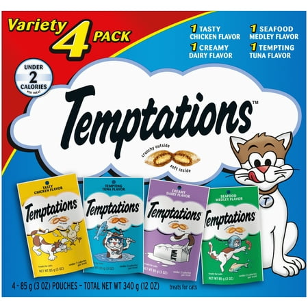 TEMPTATIONS Classic, Crunchy and Soft Cat Treats Feline Favorites Variety Pack, Seafood Medley, Tasty Chicken, Creamy Dairy, and Tempting Tuna, (4) 3 oz. Pouches