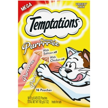 TEMPTATIONS Creamy Puree Salmon and Chicken Lickable Cat Treats Variety Pack, (16) 12g Pouches