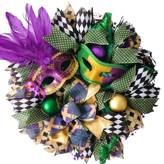 TEMPUS 16 inch Mardi Gras Green Plaid Mesh Wreath with Mystery Mask, Mardi Gras Party Home Decor Wreath for Mardi Gras Front Door, Party Decoration C113