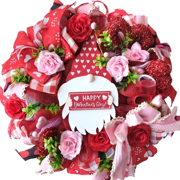 TEMPUS Valentine's Day Wreath 18" Mesh Heart Wreath with 3D Rose FlowersRed Pink Roses and Happy Valentine Day Sign for Front Door Window Home and Festival Celebration C113