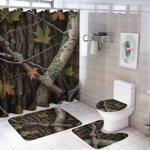 TEMU Forest Bark Camo Print Shower Curtain And Rugs Mat Set For Bathroom Bath Curtains Decoration Accessories Bathtub Screen 4 Pcs