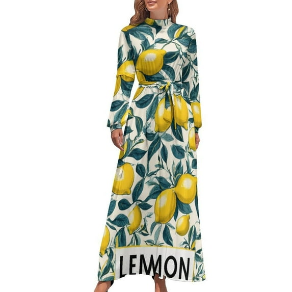 TEMU Lemon Grove Print Women's Long Dress Long Sleeves Dress Vintage Dresses Party Maxi Dress High Waist Dress