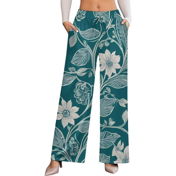TEMU Teal Peacock Feather Pattern Women's Casual Wide Leg Pants Comfort Pockets Elastic Waist Loose Fit Pants