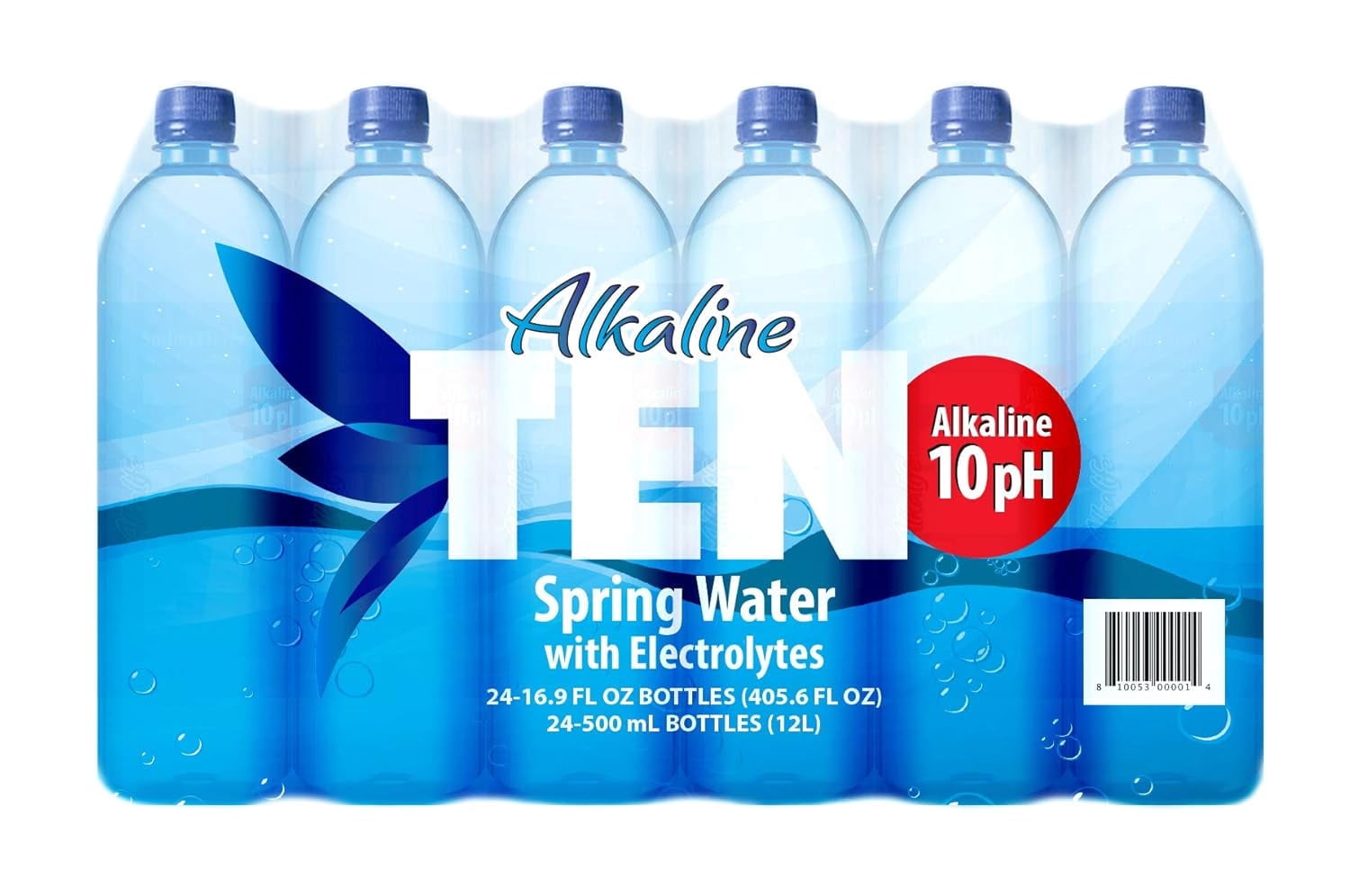 TEN Alkaline Spring Water, 16.9 fl oz, 24 Pack Plastic Bottles