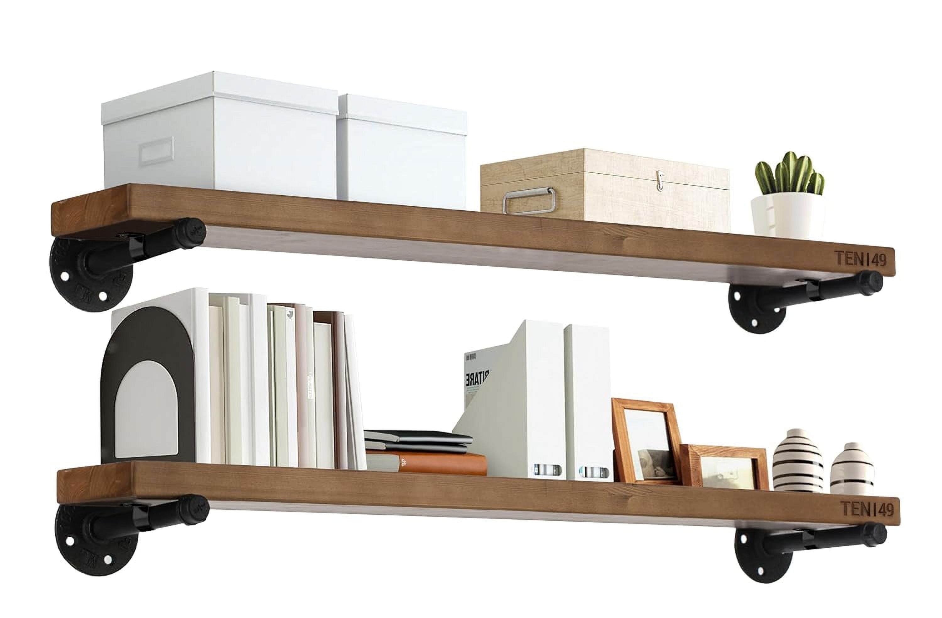 TEN49 Industrial Pipe Wood Wall Shelf - 36" Espresso Real Wooden Shelving - Modern Interior Decor Floating Shelves w/ Iron Pipe Brackets - Rustic Farmhouse Style Bookshelf - Set of 2