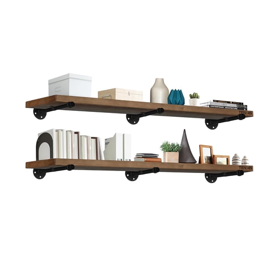 TEN49 Industrial Rustic Wood Wall Shelf - 60" Espresso Real Wooden Shelving w/ 1.8" Extra Thickness - Modern Interior Decor Floating Shelves w/ Pipe Brackets - Farmhouse Style Bookshelf - Set of 2