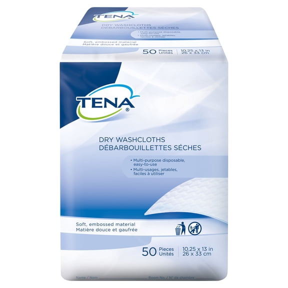 TENA Dry Wipes, White Adult Wash Cloths, 13 in x 13 1/4 in, 50 Count, 1 Pack