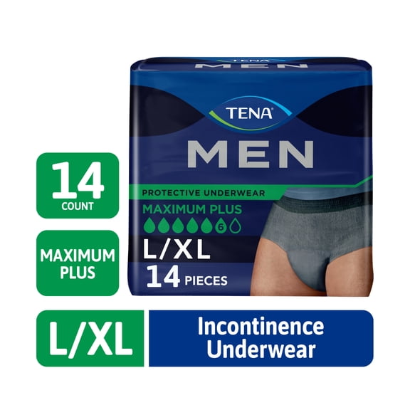 TENA Men Maximum Plus Underwear, Grey, L/XL, 14 Count (Waist size 44in to 64in)